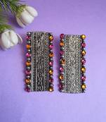 Infuzze Oxidised Silver-Toned & Pink Stone-Studded Rectangular Drop Earrings