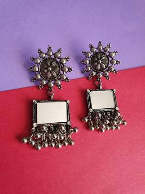 Infuzze Oxidised Silver-Toned Geometric Mirror Drop Earrings 1