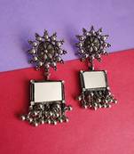 Infuzze Oxidised Silver-Toned Geometric Mirror Drop Earrings