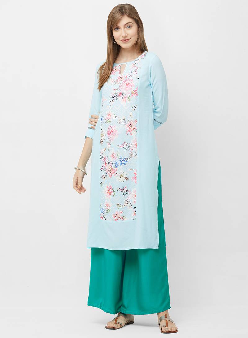 Turquoise Straight Printed Palazzo
