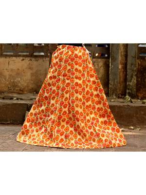 Orange Color Base Flower Printed With Border Big Flare Full Length Skirt 1