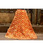 Orange Color Base Flower Printed With Border Big Flare Full Length Skirt