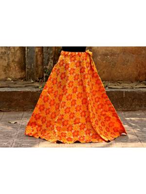 Yellow Color Base Colored  Printed With Border Big Flare Full Length Skirt 1