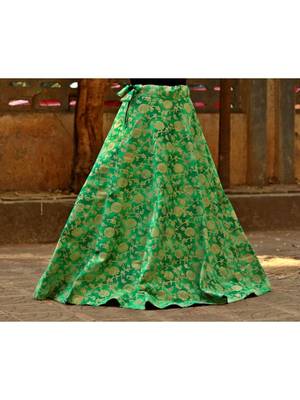 Parrot Green Color Base Colored  Printed With Border Big Flare Full Length Skirt 1