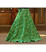 Parrot Green Color Base Colored  Printed With Border Big Flare Full Length Skirt