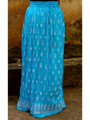 Sky Blue Base White Printed Cotton Blend Long Skirt 1