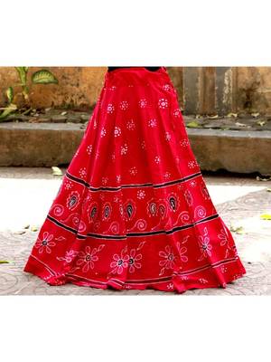 Pink Base Colored  Printed Flower Pattern With Cotton Border Big Flare Full Length Skirt Pattern 1 1