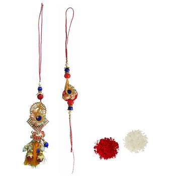 Beautiful Designer Lumba Rakhi Set :: Roli Tika for Bhaiya and Bhabhi (1 Rakhi 1 Lumba) 1