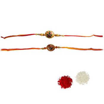Beautiful Designer Meenakari Work Rakhi Set of Ganesha and Kanha :: Roli Tika for Brother (2 Rakhi) 1