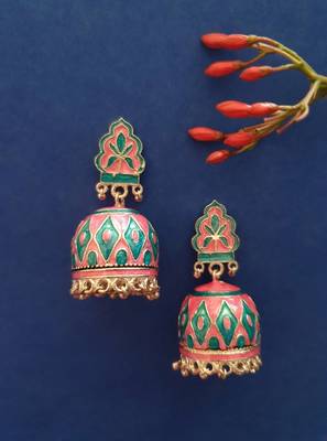 Infuzze Silver-Toned & Pink Textured Meenakari Dome Shaped Jhumkas 1