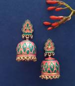 Infuzze Silver-Toned & Pink Textured Meenakari Dome Shaped Jhumkas