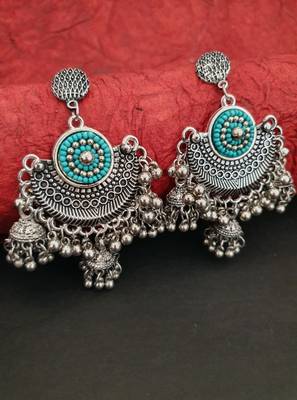 Infuzze Oxidised Silver-Toned & Sea Green Beaded Crescent Shaped Chandbalis 1