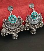 Infuzze Oxidised Silver-Toned & Sea Green Beaded Crescent Shaped Chandbalis
