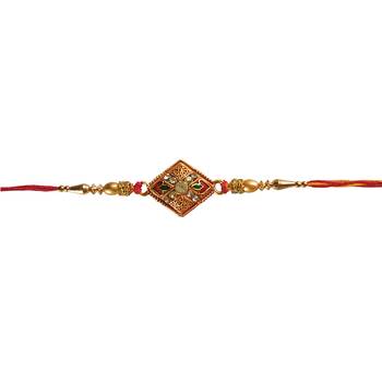 Beautiful Designer Rakhi :: Meenakari and Zircon Work in Mauli Thread :: Roli Tika for Brother (Single Rakhi) 3