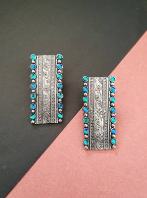 Infuzze Oxidised Silver-Toned & Blue Beaded & Textured Rectangular Drop Earrings 1
