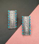 Infuzze Oxidised Silver-Toned & Blue Beaded & Textured Rectangular Drop Earrings