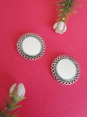 Infuzze Oxidised Silver-Toned Circular Oversized Studs With Mirror Work 1