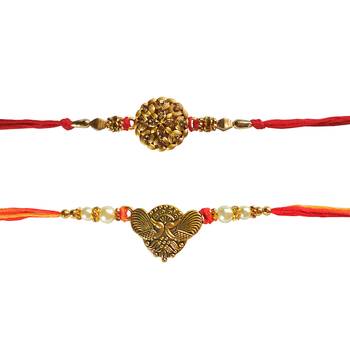 Designer Rakhi Set of 2 Golden Cut-work Rakhi :: Roli Tika for Brother 3
