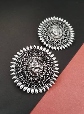 Infuzze Oxidised Silver-Toned Textured Circular Drop Earrings 1