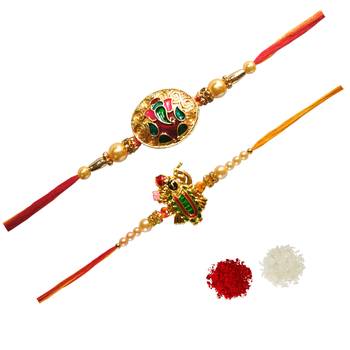 Beautiful Meenakari Rakhi Set of Lord Ganesha and Shri Baanke Bihari Ji :: Roli Tika for Brother 2