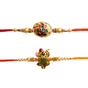 Beautiful Meenakari Rakhi Set of Lord Ganesha and Shri Baanke Bihari Ji :: Roli Tika for Brother 3