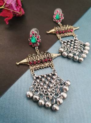 Infuzze Oxidised Silver-Toned & Antique Gold-Toned Stone-Studded Drop Earrings 1