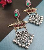 Infuzze Oxidised Silver-Toned & Antique Gold-Toned Stone-Studded Drop Earrings