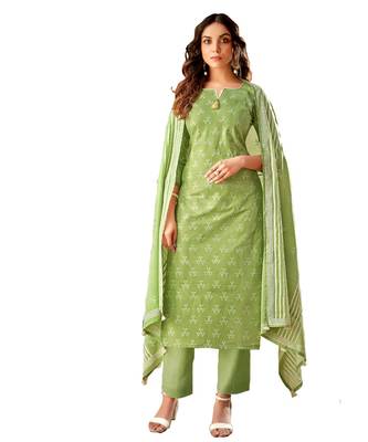 Green Embroidered Cotton Unstitched Salwar With Dupatta 1