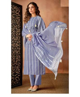 Blue Embroidered Cotton Unstitched Salwar With Dupatta 1