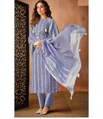 Blue Embroidered Cotton Unstitched Salwar With Dupatta