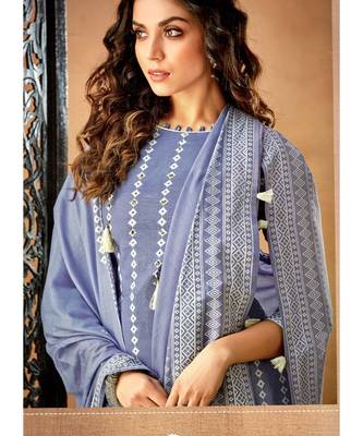 Blue Embroidered Cotton Unstitched Salwar With Dupatta 2