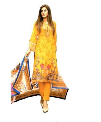 Yellow Printed Lawn Cotton Unstitched Salwar With Dupatta 1