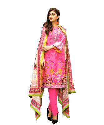 Pink Printed Lawn Cotton Unstitched Salwar With Dupatta 1