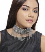 Infuzze Oxidised Silver-Toned Goddess Lakshmi Textured Necklace