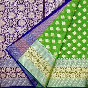 parrot green woven banarasi saree with blouse 3