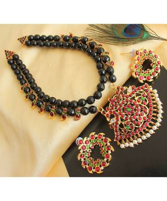 Beautiful Kemp Green Black Agates Double Layer Designer Necklace Set 1