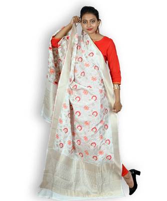 White & Multicolored Silk Banarasi Dupatta 1