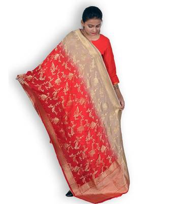 Red & Beige Pure Banarasi Silk Dupatta 1