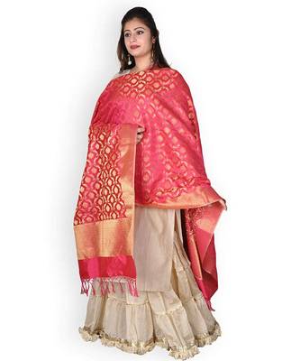 Pink Banarasi Silk Dupatta With Zari Weave 2