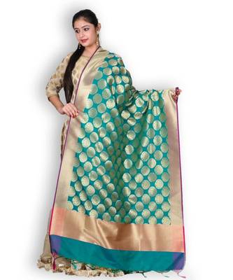 Green & Pink Pure Banarasi Silk Dupatta 1