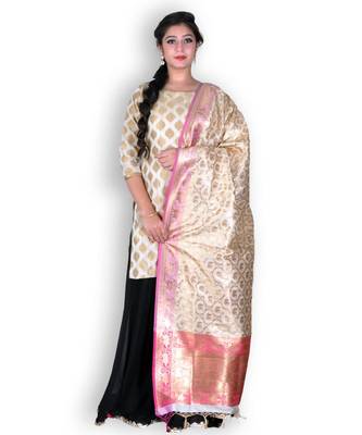 Golden & Pink Banarasi Pure Silk Dupatta with Zari weave 1