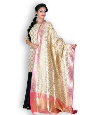 Golden & Pink Banarasi Pure Silk Dupatta with Zari weave 2