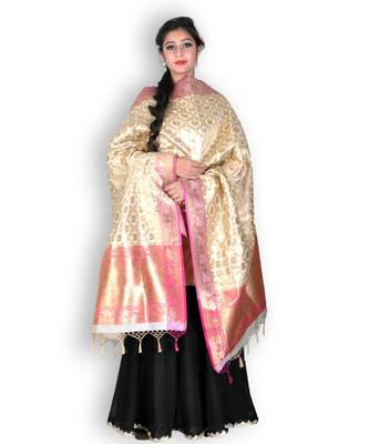 Golden & Pink Banarasi Pure Silk Dupatta with Zari weave 3