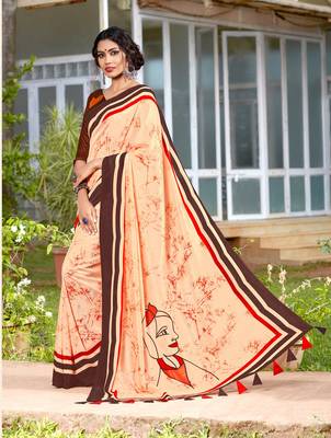 Peach printed cotton silk saree with blouse 1