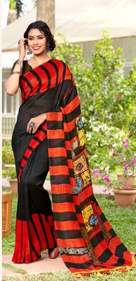 Black printed cotton silk saree with blouse 1