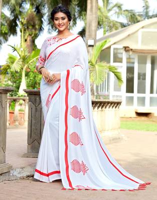 White printed cotton silk saree with blouse 1