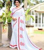 White printed cotton silk saree with blouse