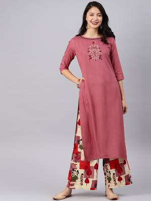 Coral embroidered viscose rayon kurta with palazzo 1