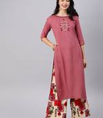 Coral embroidered viscose rayon kurta with palazzo