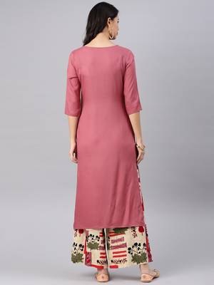 Coral embroidered viscose rayon kurta with palazzo 3